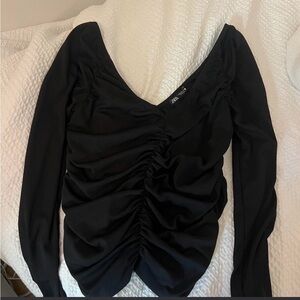 Zara Black Ruched V-Neck Blouse